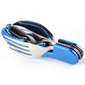 4 In 1 Outdoor Tableware Set Camping Cooking Supplies Stainless Steel Spoon Portable Fork Knife Multifunction Folding Portable Pocket Kits Bottle (Color: Blue)